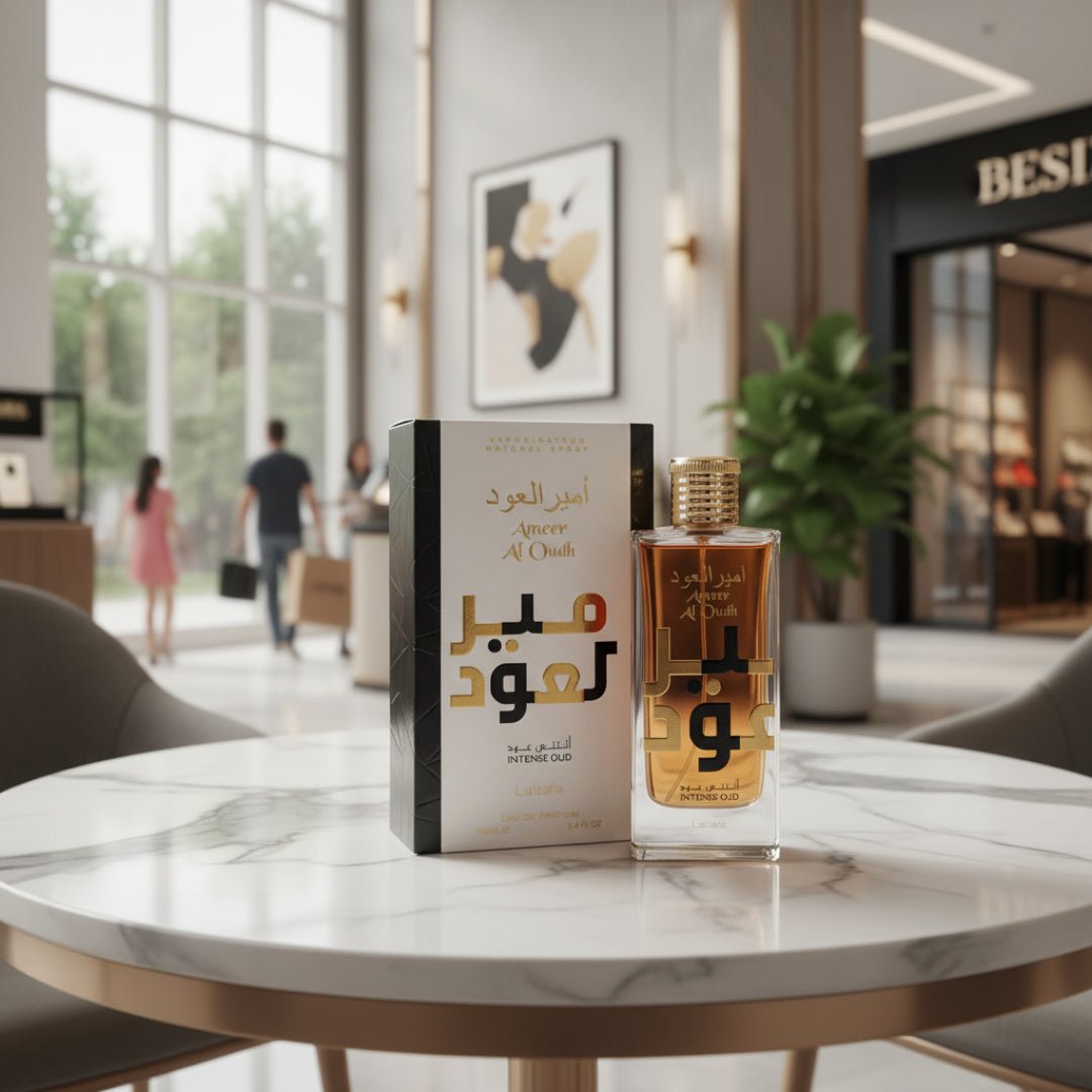 Perfume bottle and packaging of Ameer Al Oudh on a white background