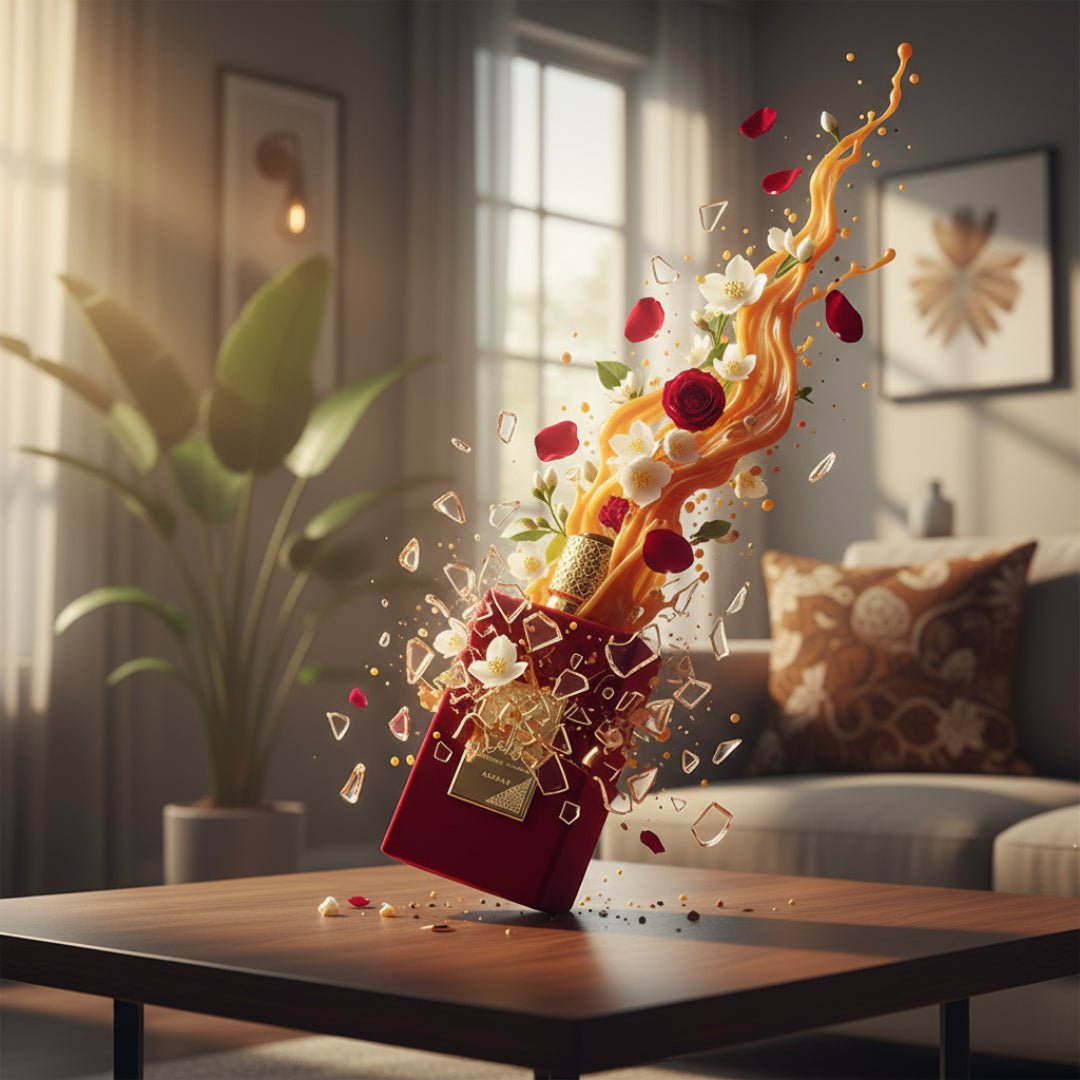 Ameerat Al Arab Lattafa women - Red book with magical elements on a wooden table in a living room