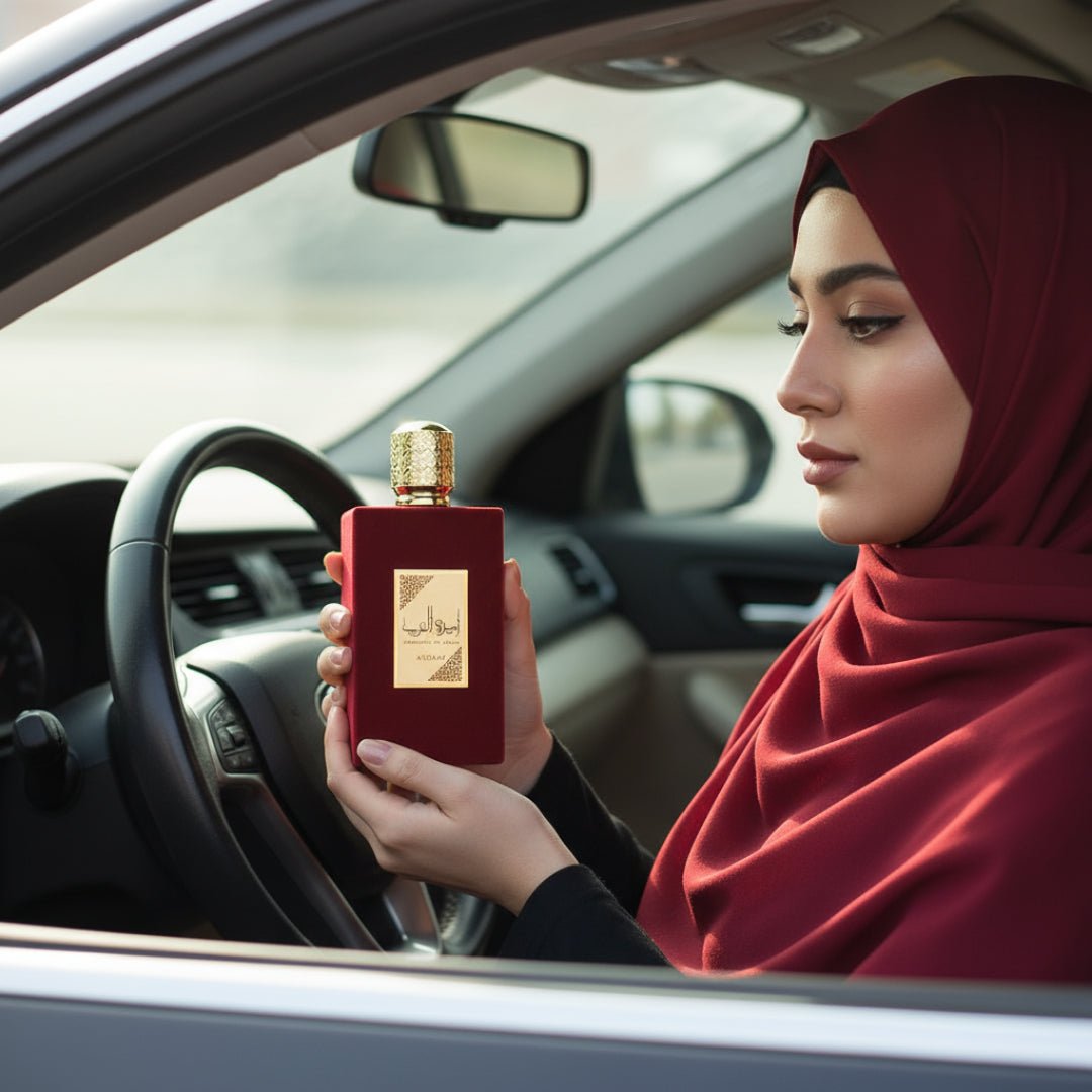 pemandu wanita berhijab pegang Ameerat Al Arab dalam kereta