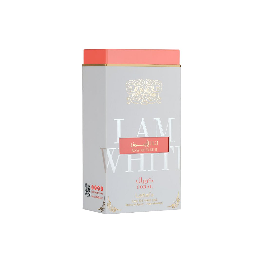 Product packaging with 'I AM White' branding on a white background