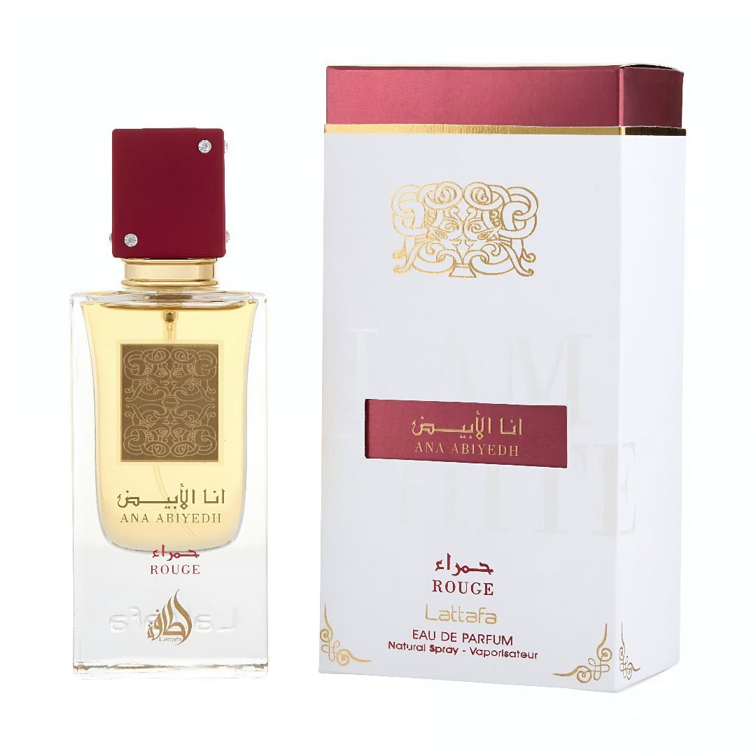 Perfume bottle and packaging of Ana Abiyedh Lattafa on a white background