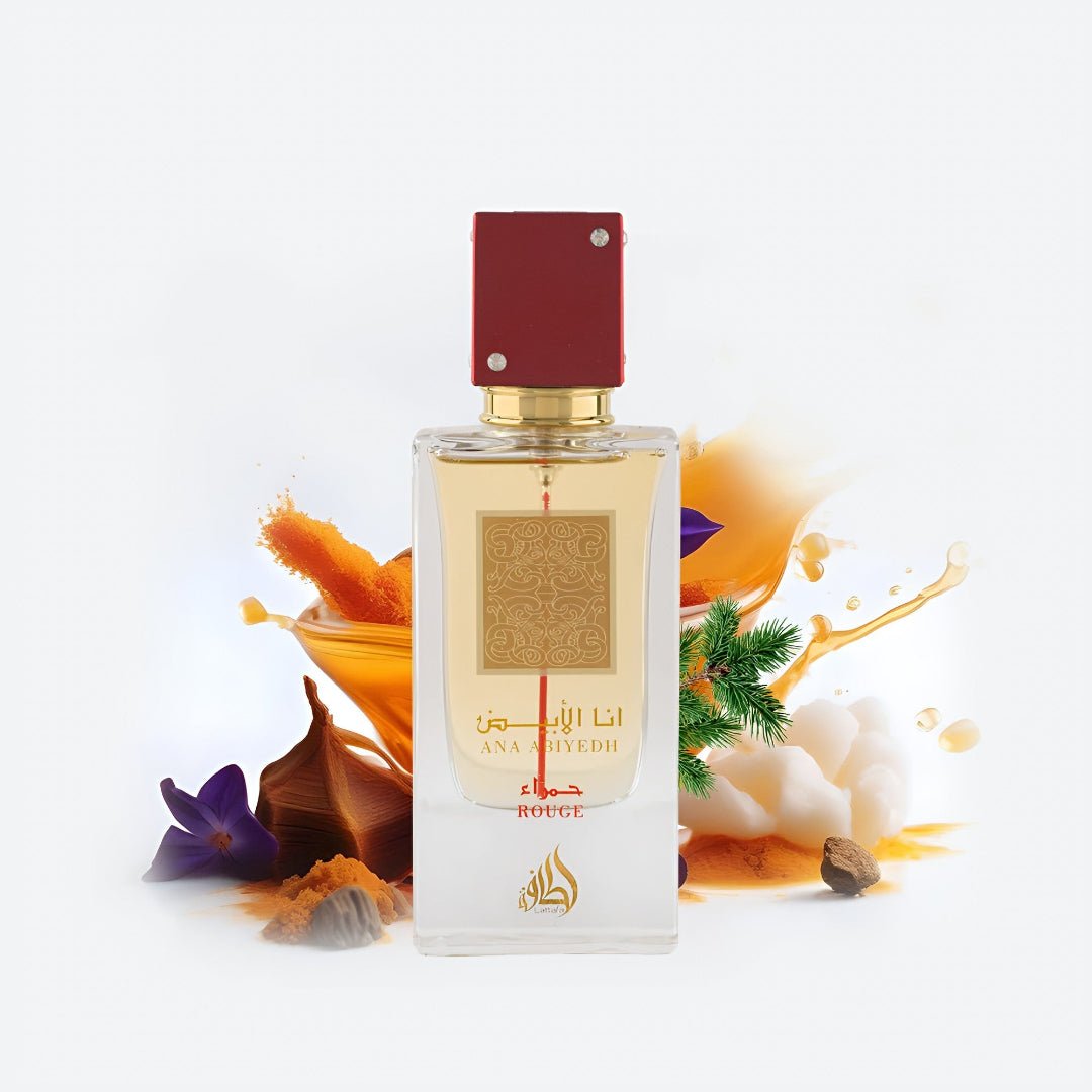 Perfume bottle with a red cap on a white background Ana Abiyedh Rouge Lattafa Perfumes for women and men
