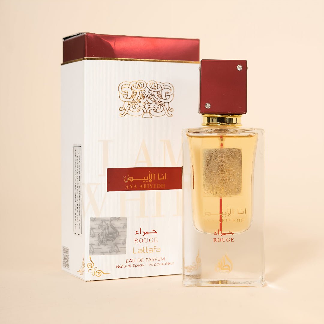 Perfume bottle and packaging with 'Ana Abiviedh' branding on a beige background
