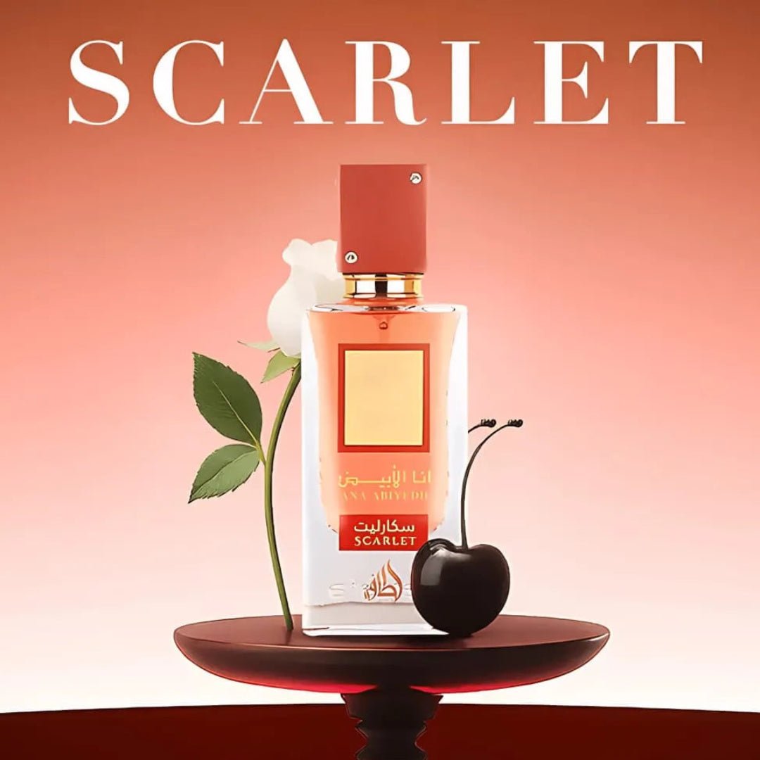 Perfume bottle labeled 'Scarlet' with a cherry and leaf on a gradient background