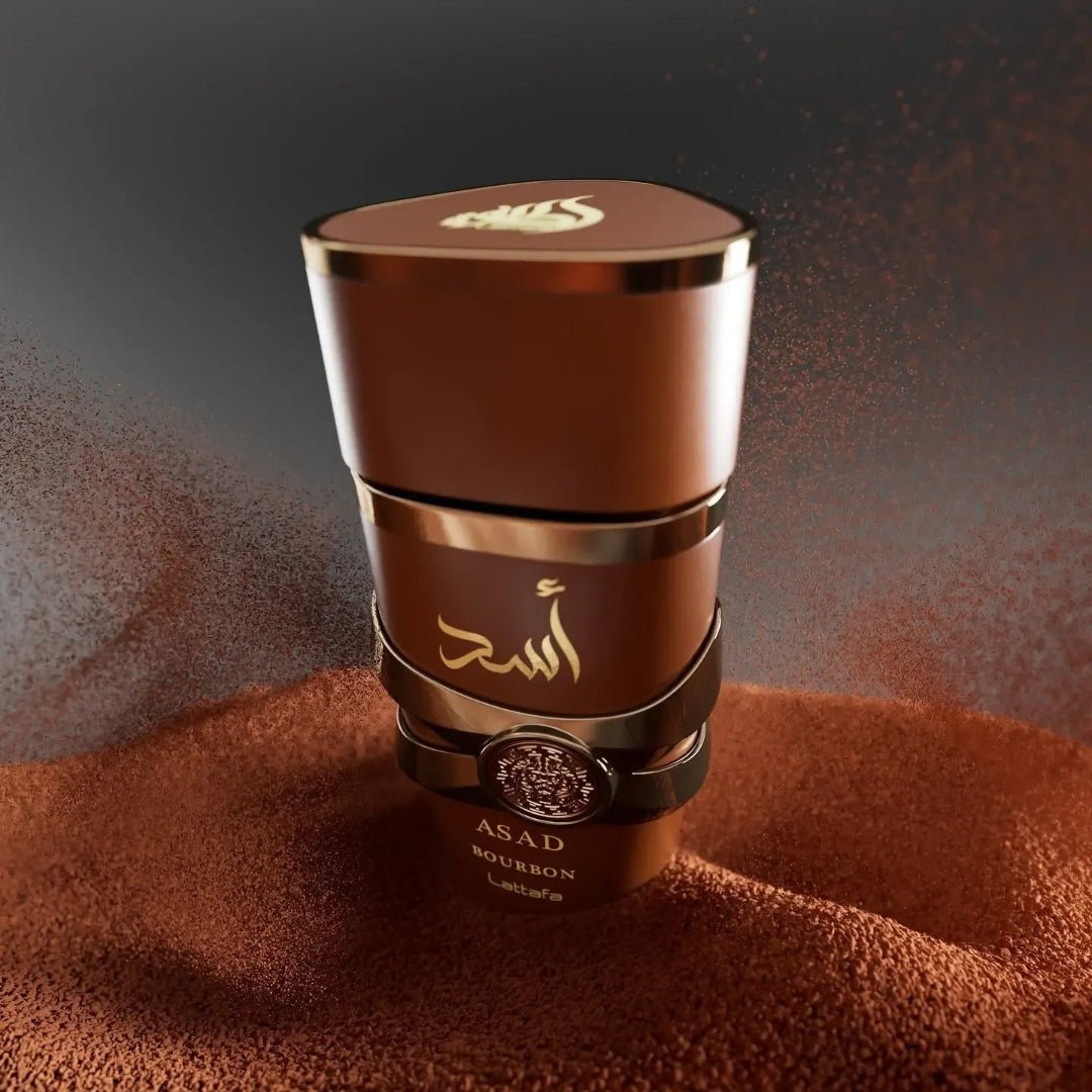 Brown container with gold accents on a textured brown surface