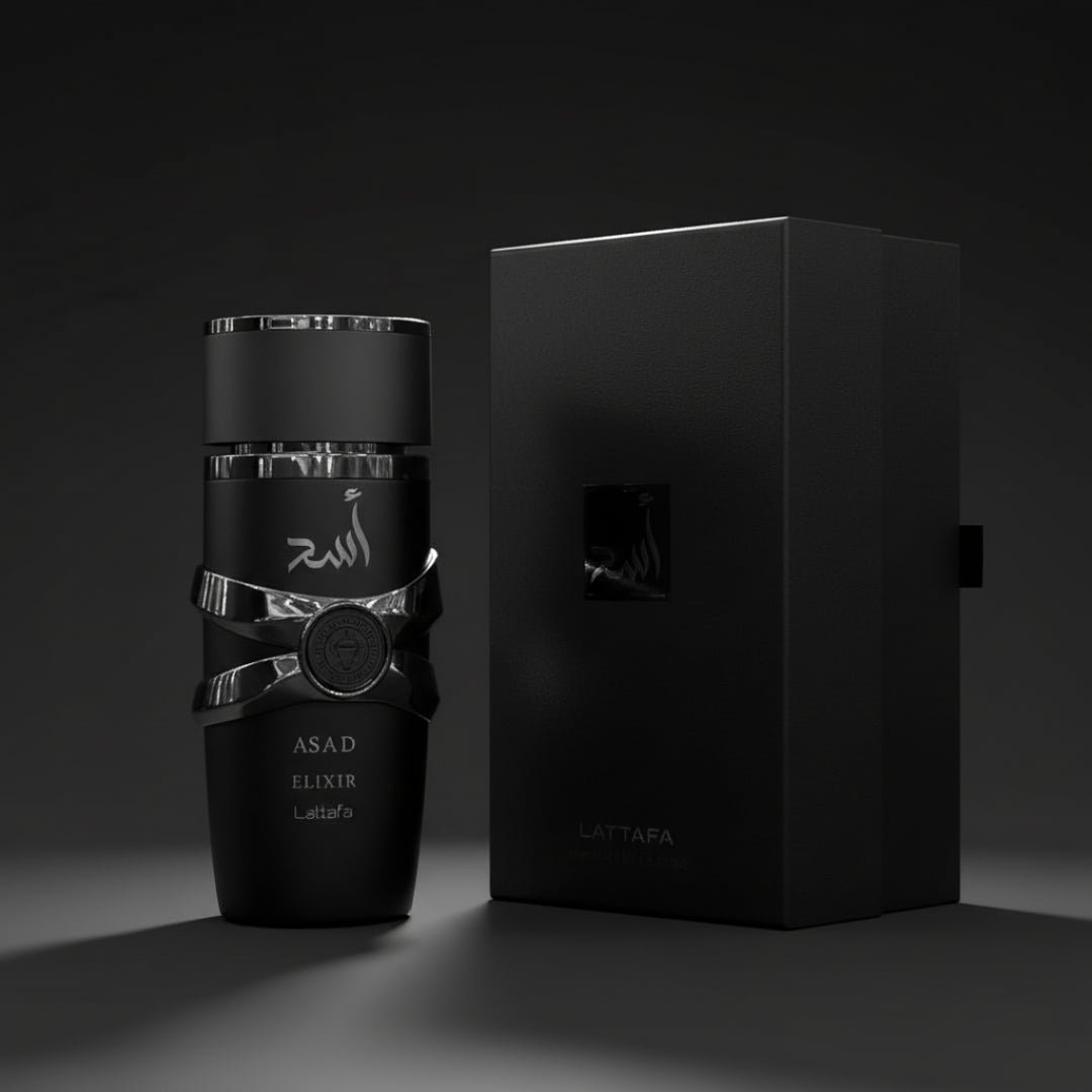 Asad Elixir bersama kotak, presentasi mewah maskulin