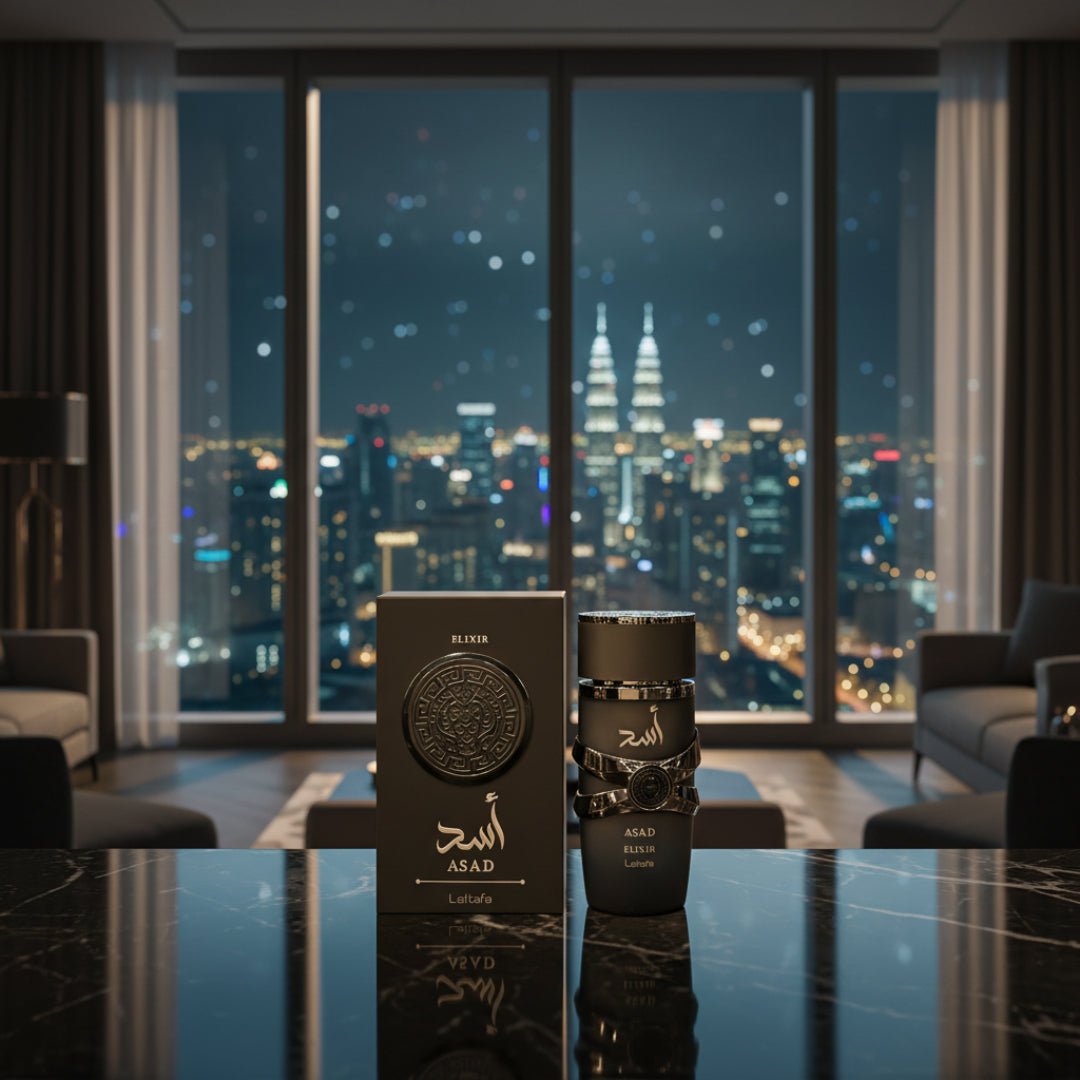 Asad Elixir di tepi tingkap malam, aura urban luxuri