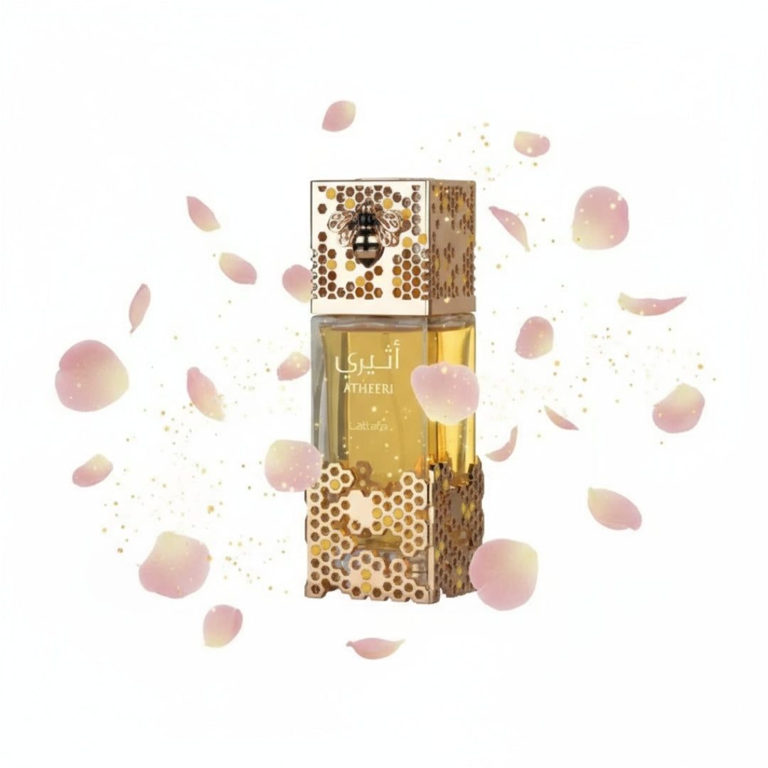 Atheeri with glowing rose‑peony petal constellations and gold dust; bottle and box perfectly sharp, elegant magic.
