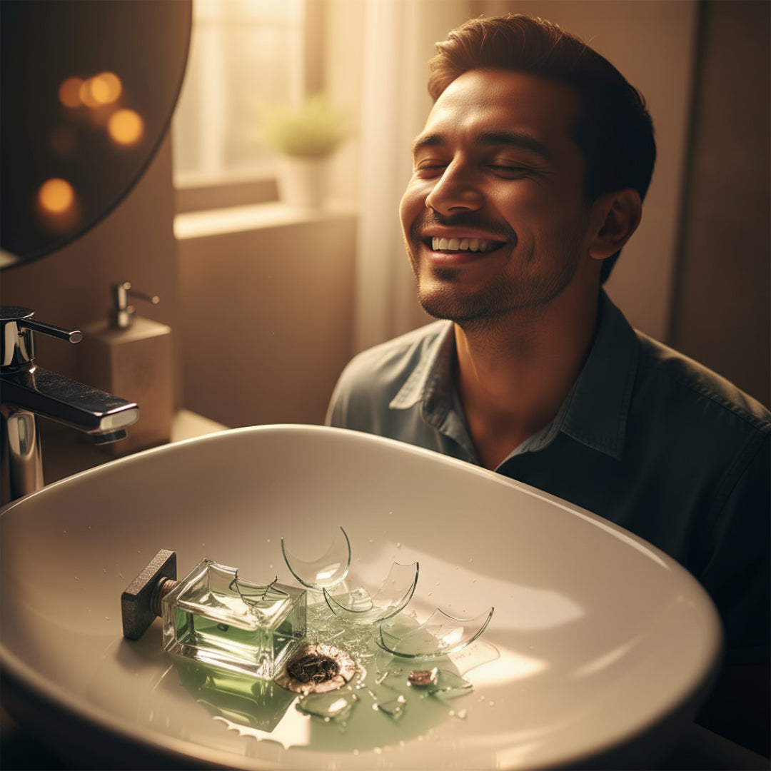 atlas perfume - Malaysian man smiling joyfully as perfume bottle breaks in sink and fragrant mist fills the air – emotional perfume moment Malaysia 