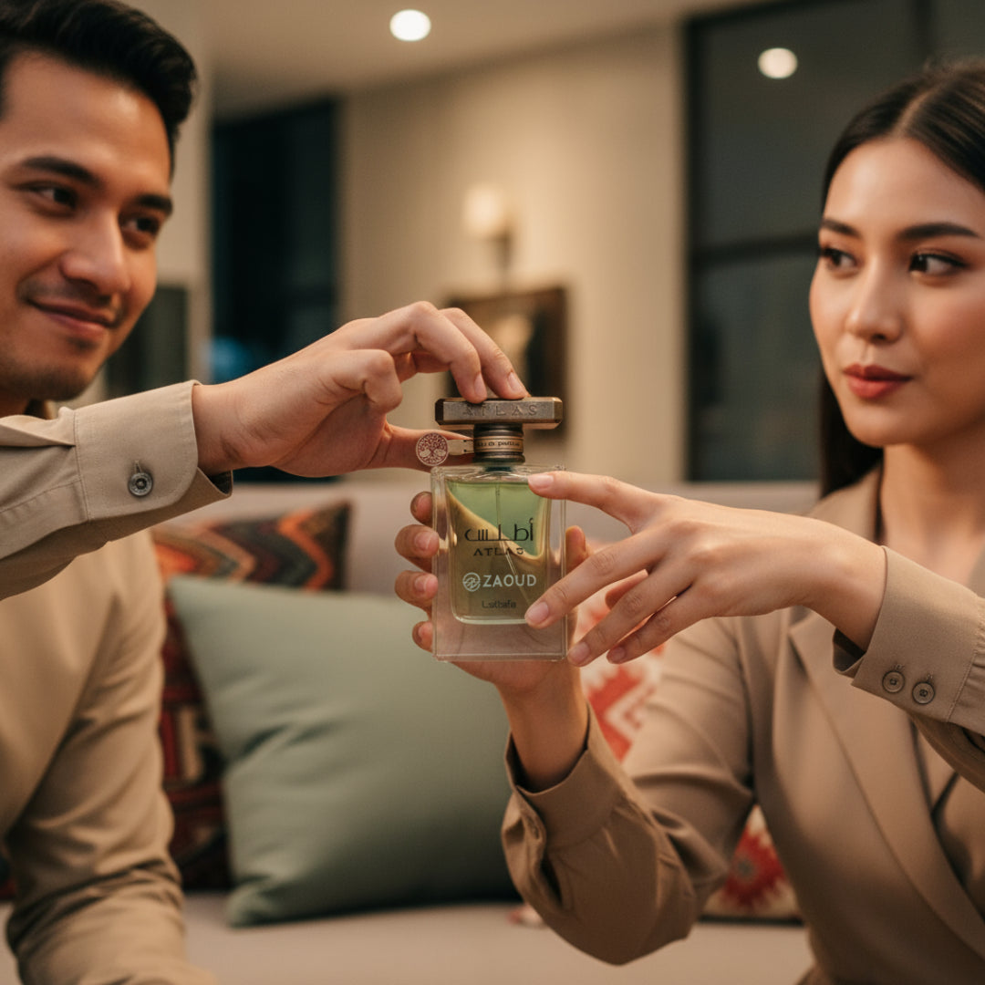 Atlas Perfume - Malaysian man and woman playfully reaching for the same perfume bottle in warm indoor light – elegant romantic perfume scene Malaysia
