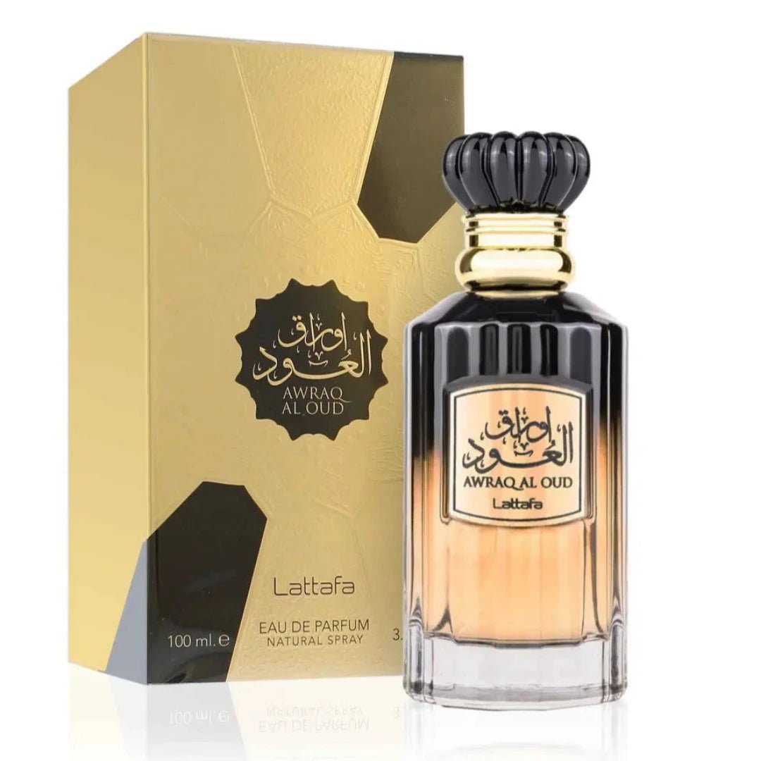Lattafa Awraq Al Oud perfume bottle and packaging on a white background