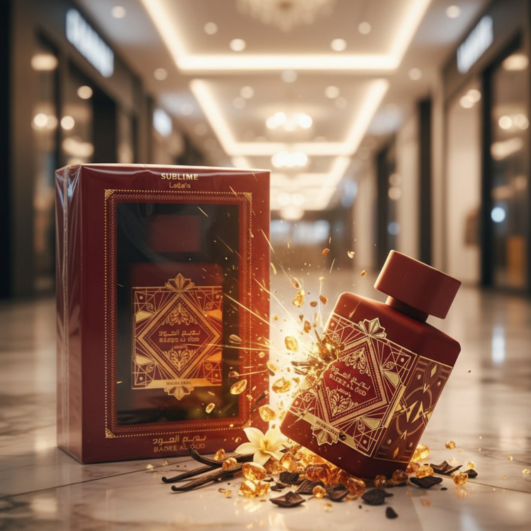 Red and gold perfume bottle with packaging on a white background