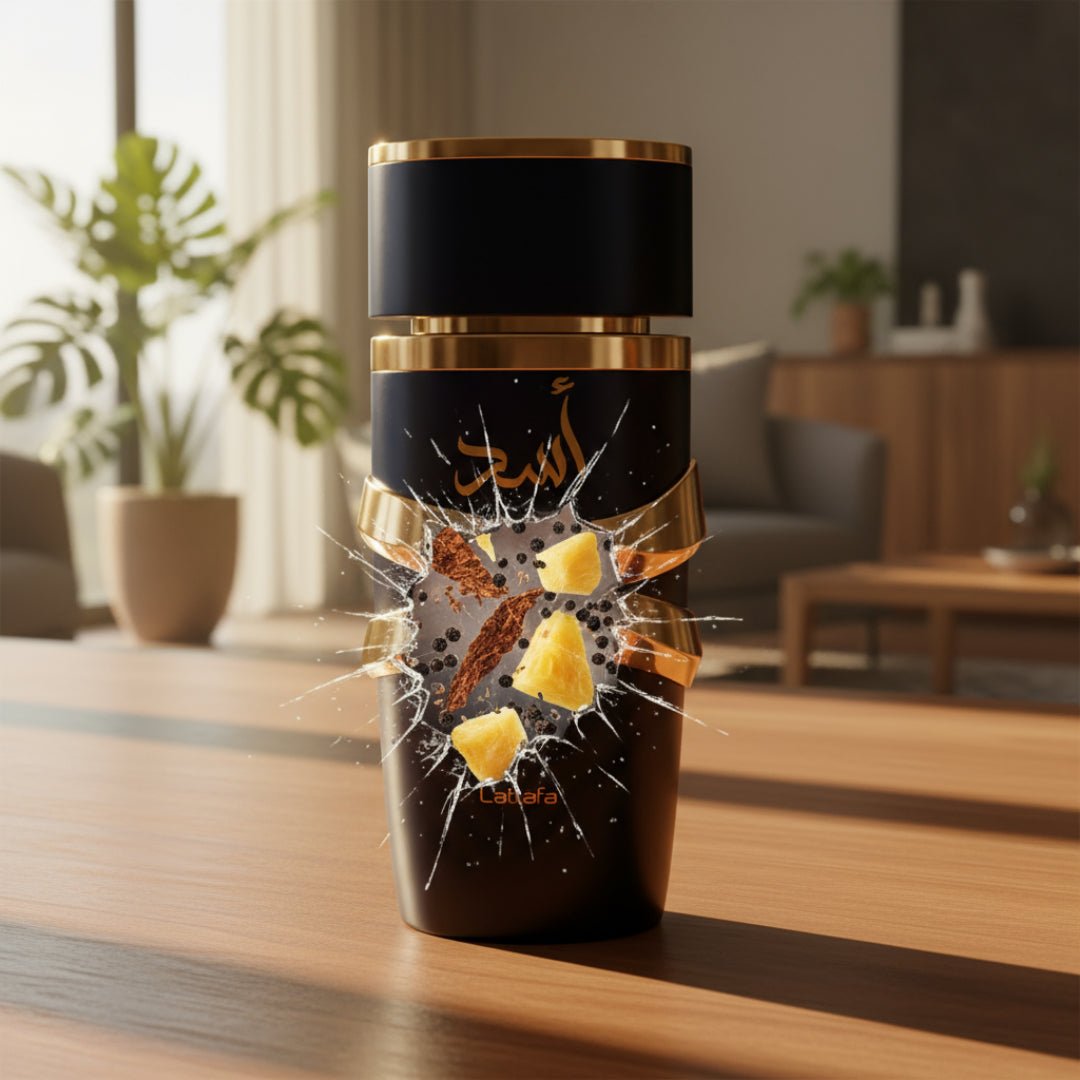 Beli perfume Asad original Malaysia &ndash;Black and gold tumbler with a design on a wooden table in a room with plants and furniture.