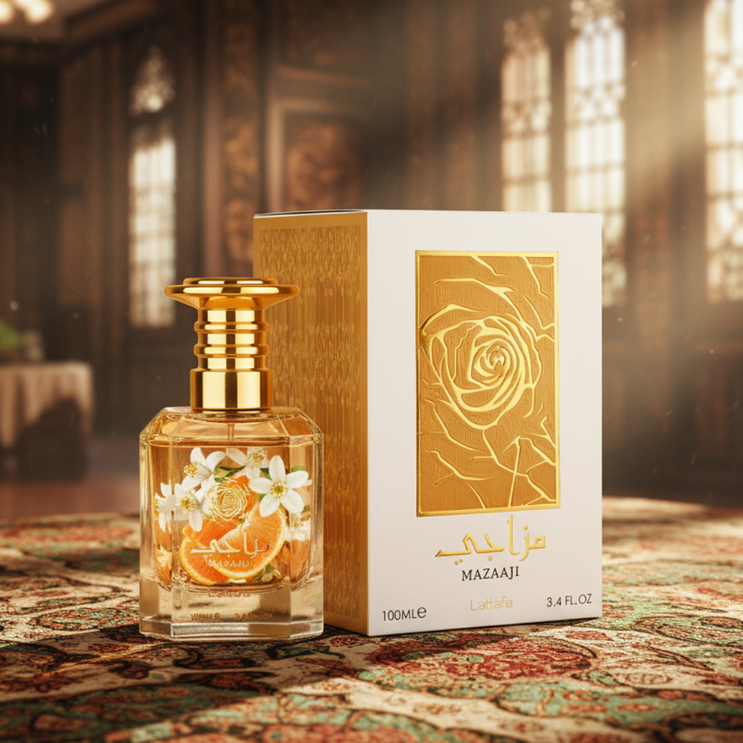 Mazaaji perfume bottle and packaging with gold accents on a white background