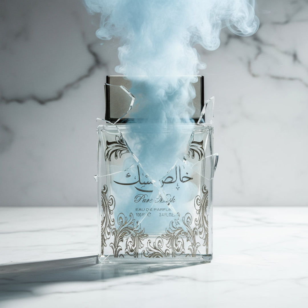 Pure Musk Perfume bottle broken, fog emerging; studio on white marble Malaysia &mdash; clear bottle and box, cinematic lighting