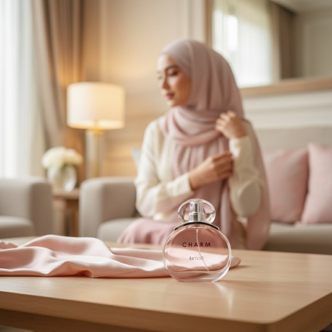 charm wanita melayu ruang tamu pink lembut