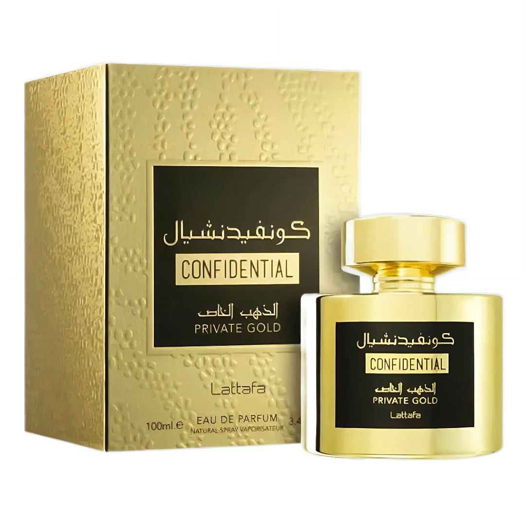 Gold Lattafa Confidential Private Gold perfume bottle and packaging on a white background