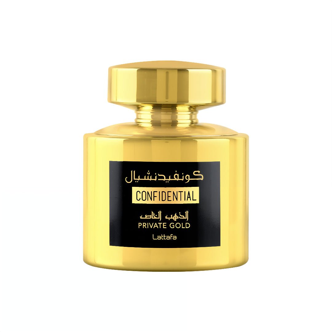 Gold perfume bottle with black label on a white background lattafa perfumes