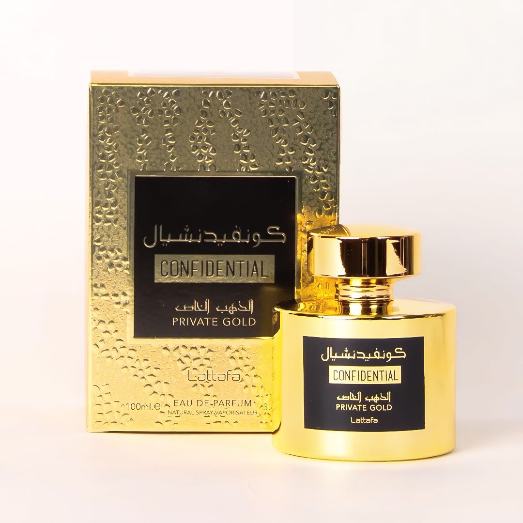 Gold perfume bottle and packaging with 'Lattafa' branding on a white background