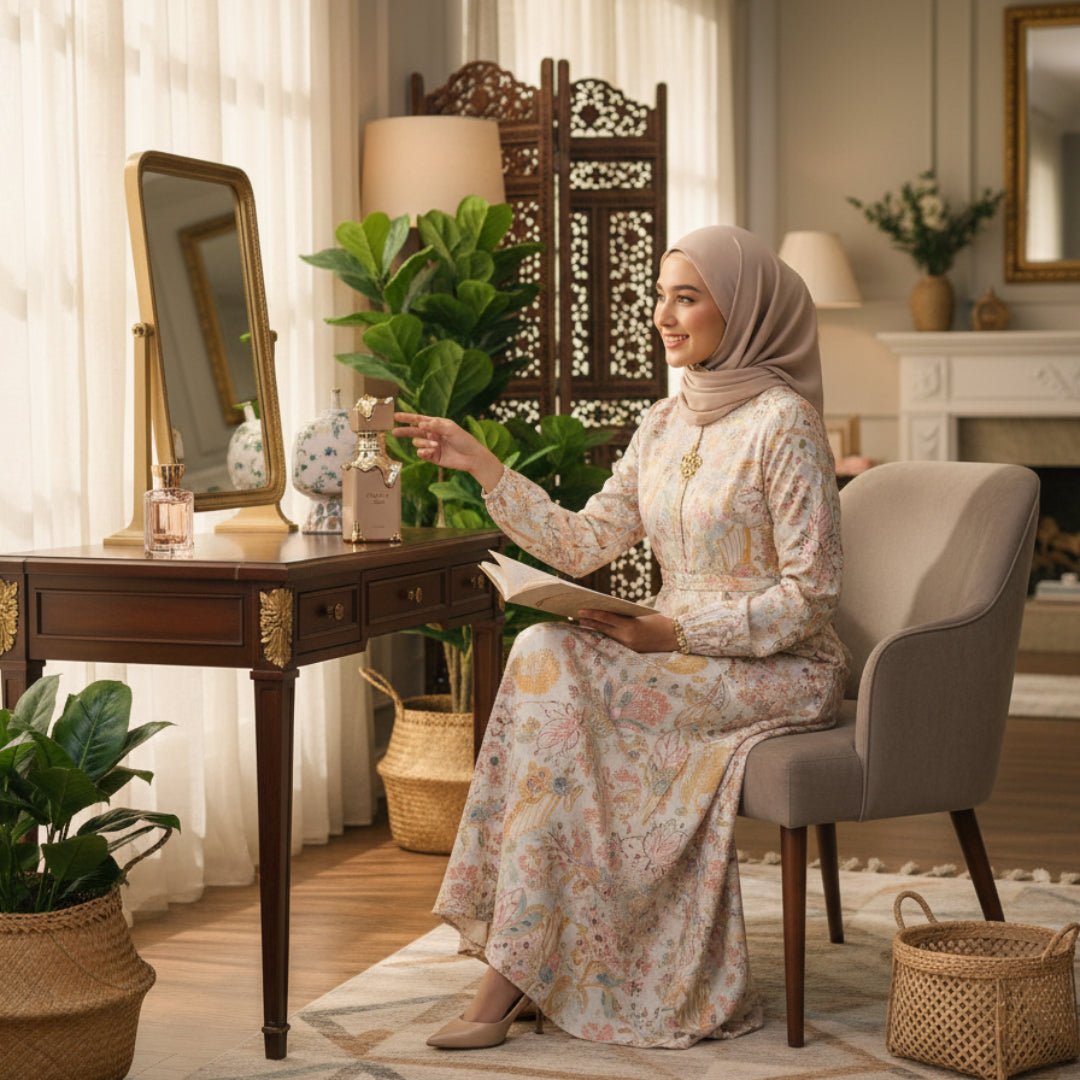 Woman in a floral dress sitting in a living room with Eclaire Perfume and a mirror and plants.