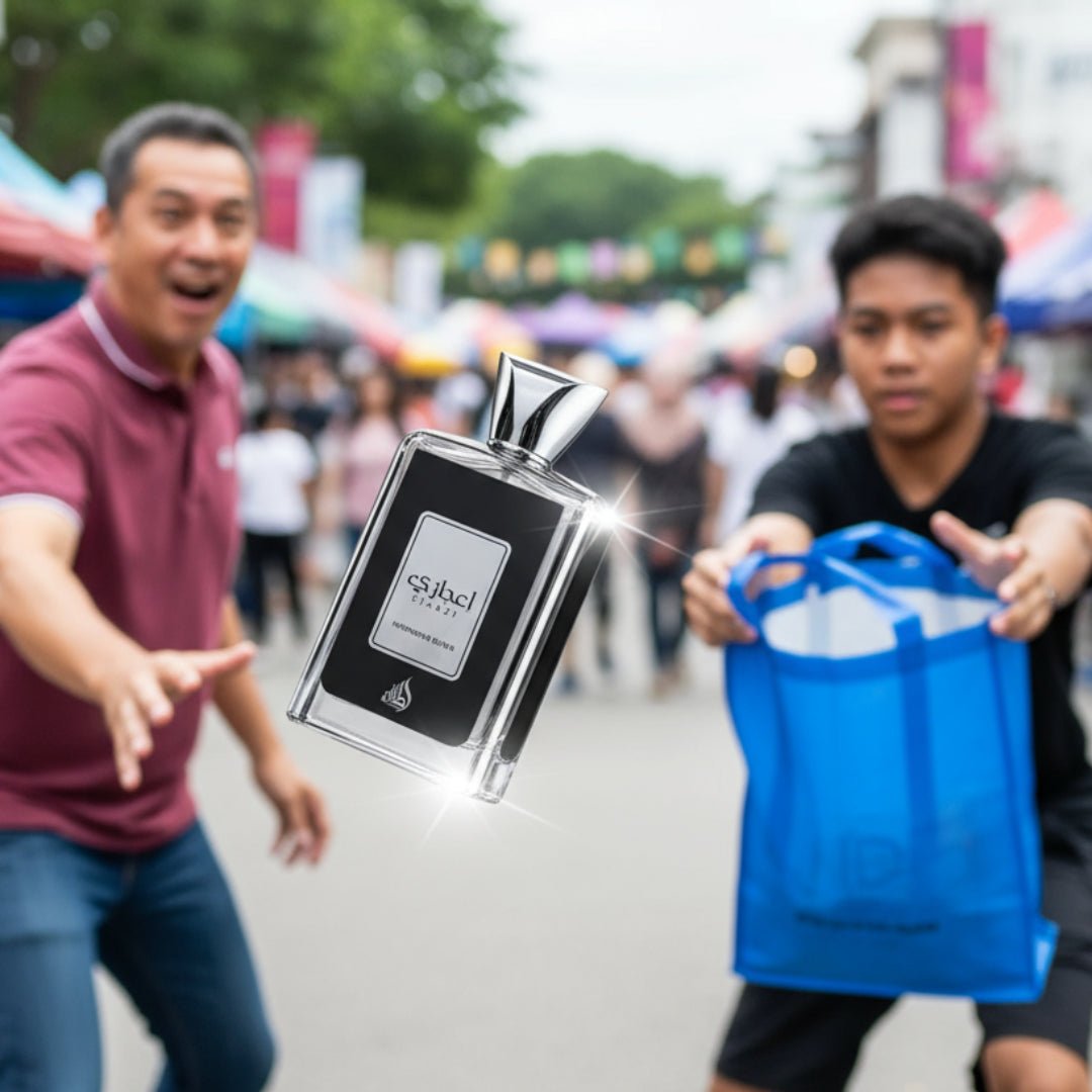 Perfume bottle with a metallic cap on a textured surface