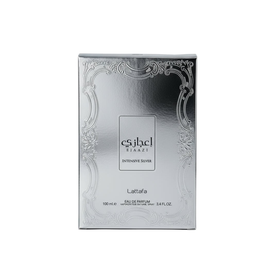 Lattaqa Ejaazi Intensive Silver perfume bottle and packaging on a white background