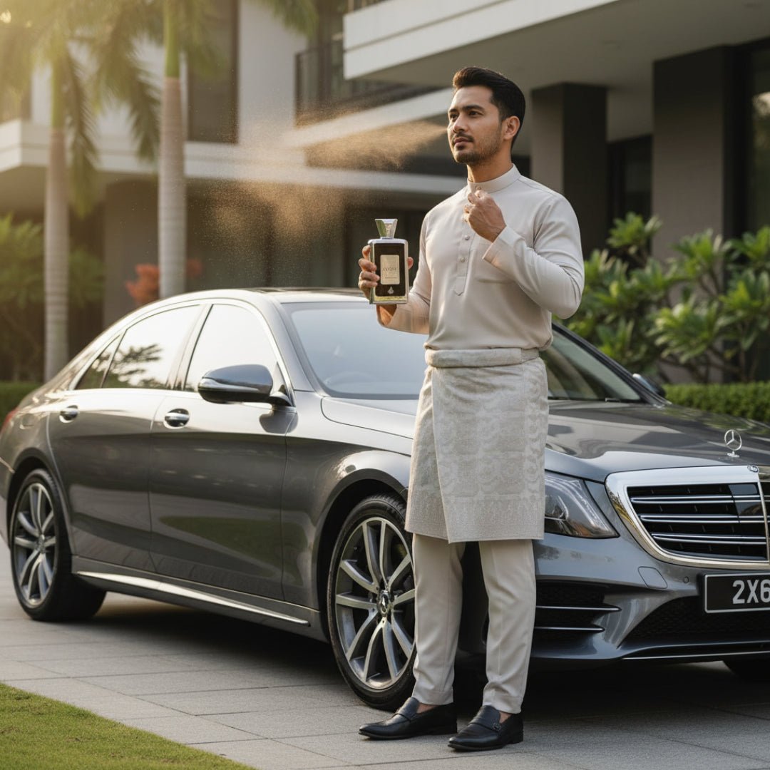 Man holding a bottle in front of a luxury car
