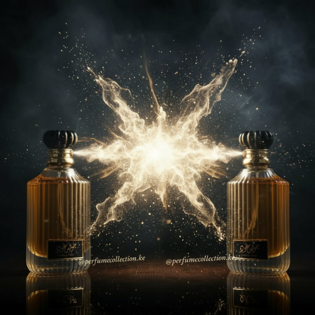 Perfume bottle with a dark background and smoke effect