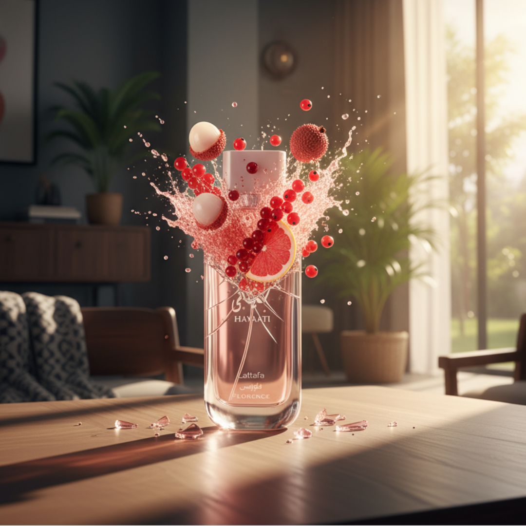 Haruman premium Hayaati Florence Lattafa &ndash; Perfume bottle with red berries on a table in a bright room