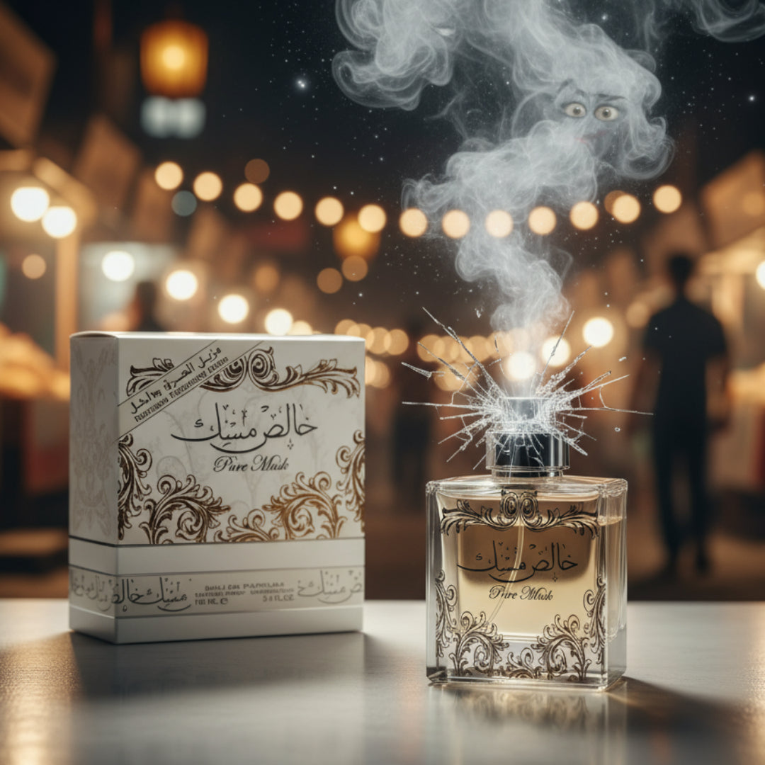 Perfume bottle and packaging with decorative design on a blurred night market background