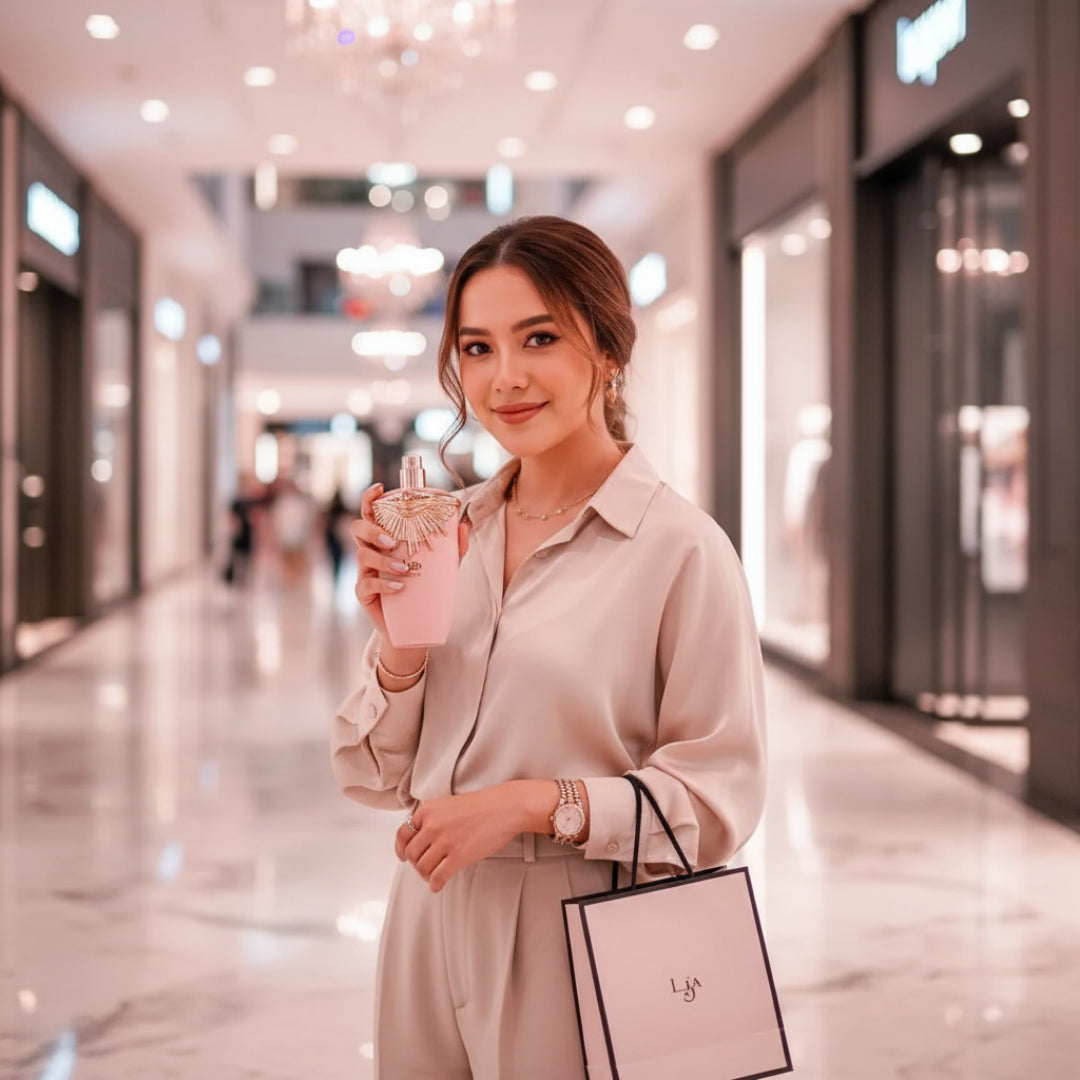 Haya Lattafa women perfume Malaysian woman at Bukit Bintang pink lifestyle