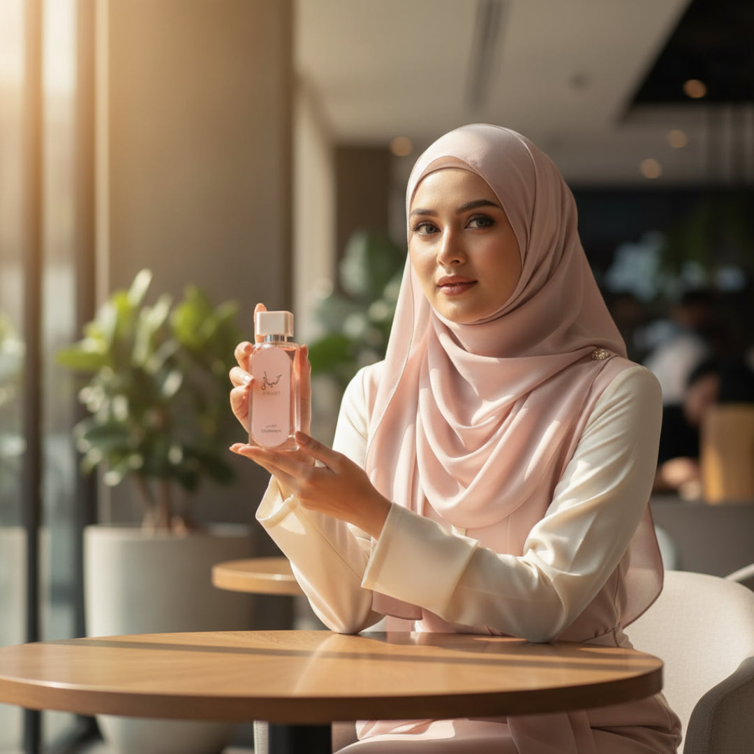 wanita berhijab Malaysia kafe KL pegang Hayaati Florence perfume feminin
