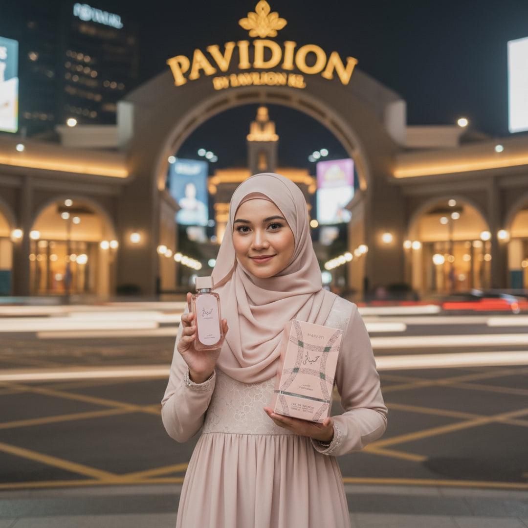 wanita berhijab Malaysia Pavilion KL pegang Hayaati Florence perfume mewah