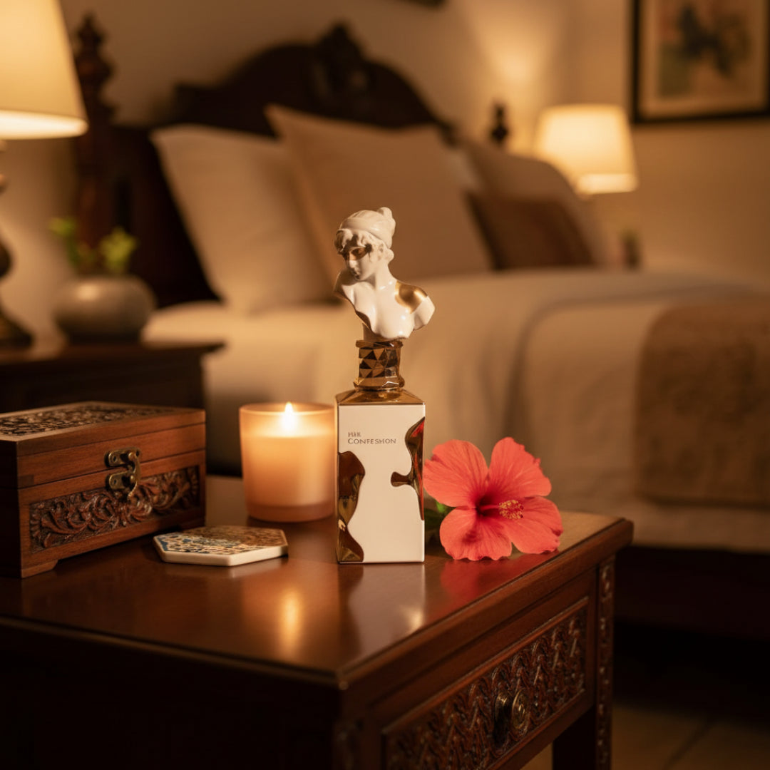 Her Confession di meja tepi katil dengan lighting warm, mood romantik Malaysia