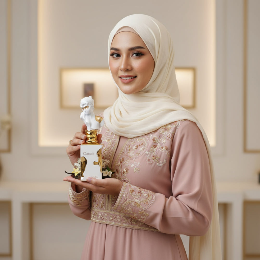 Wanita berhijab Malaysia memegang Her Confession, gaya feminin elegan