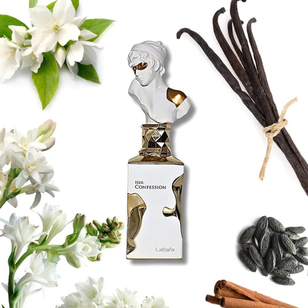 Perfume bottle labeled 'Her Confession' with vanilla beans, flowers, and cinnamon sticks on a white background