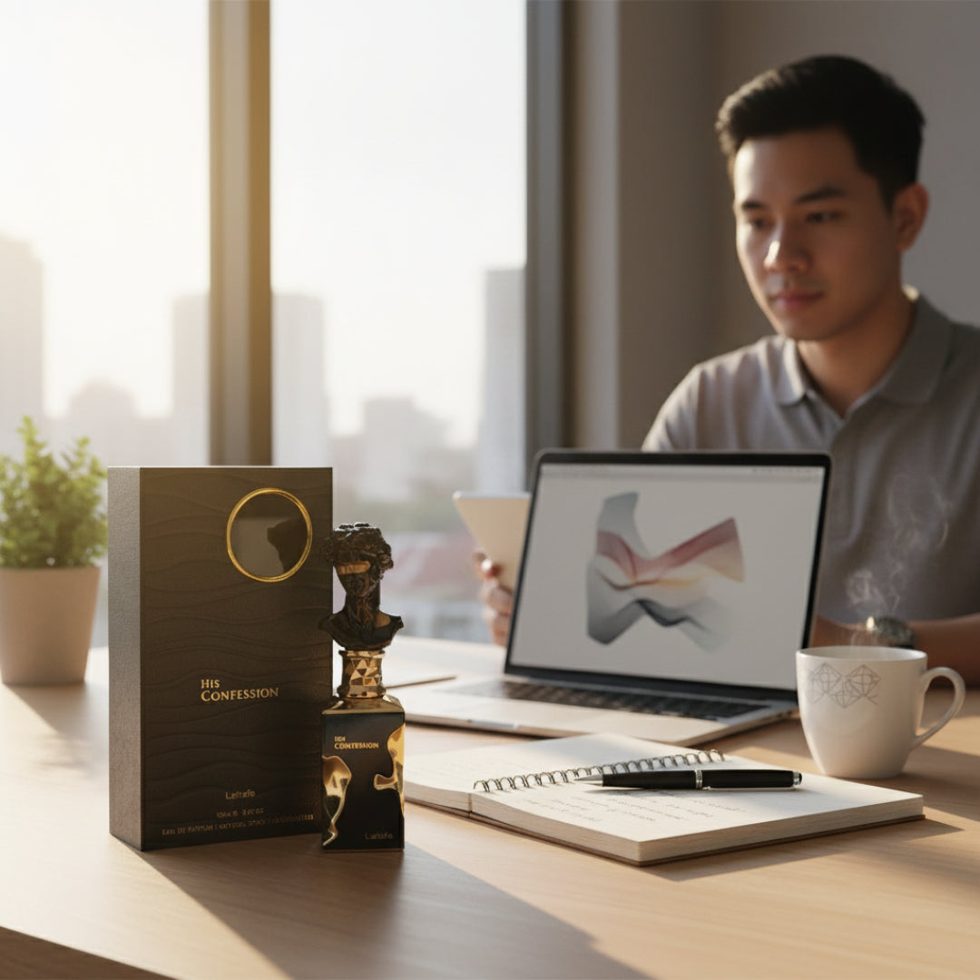 His Confession Lattafa atas meja kerja lelaki Malaysia pagi