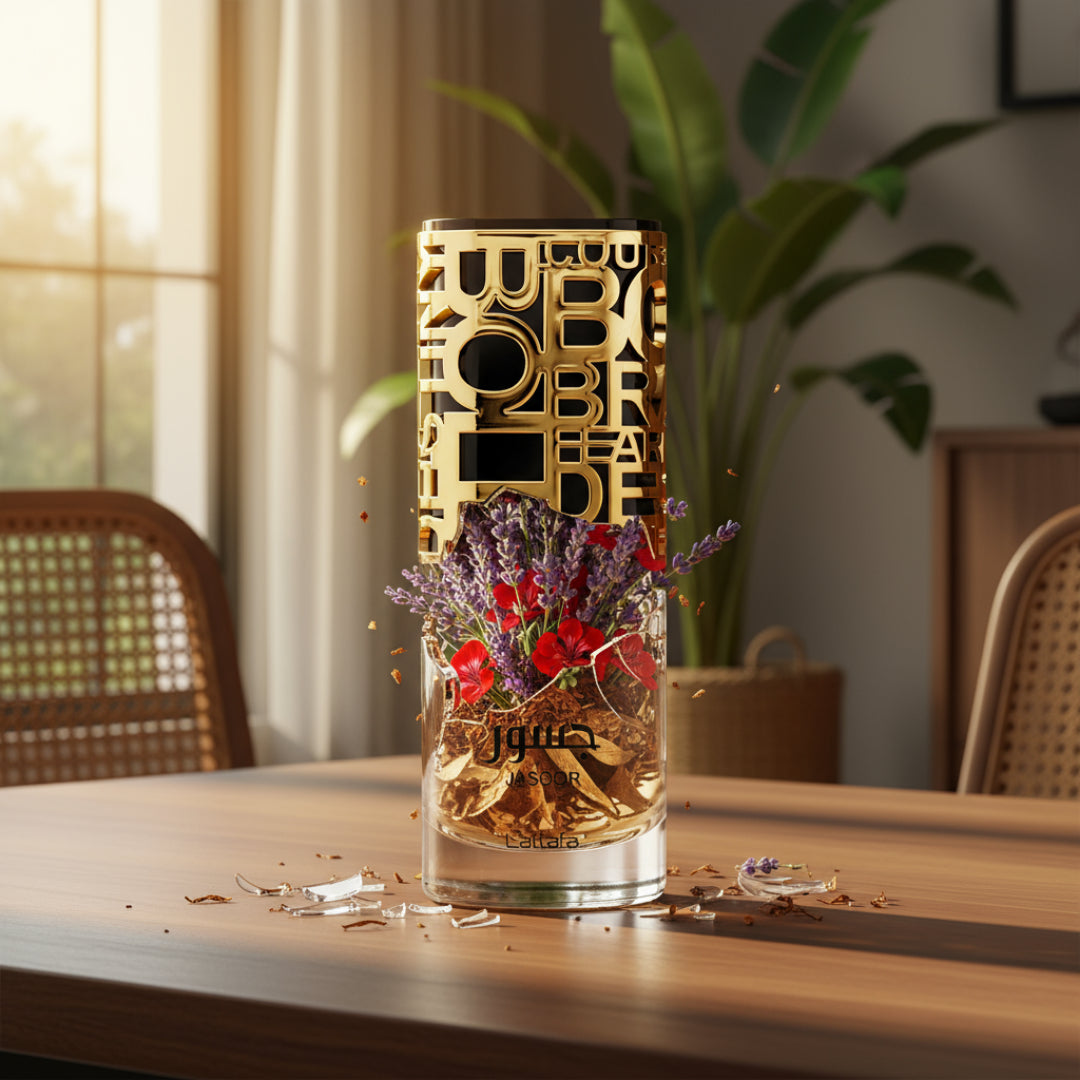 Botol Jasoor Lattafa Decorative glass vase with gold geometric design and flowers on a wooden table.