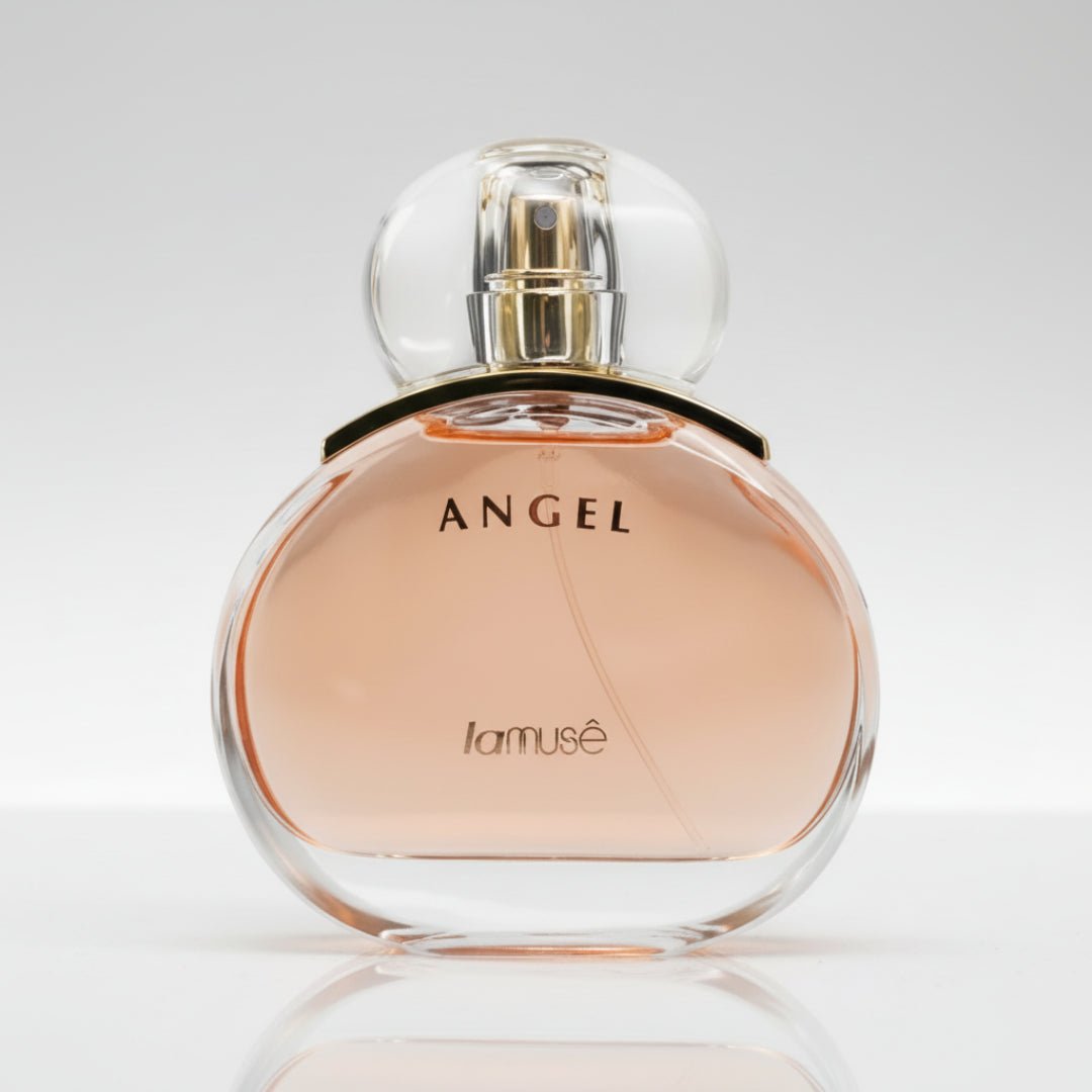 Perfume bottle labeled 'Angel' by la muse on a white background