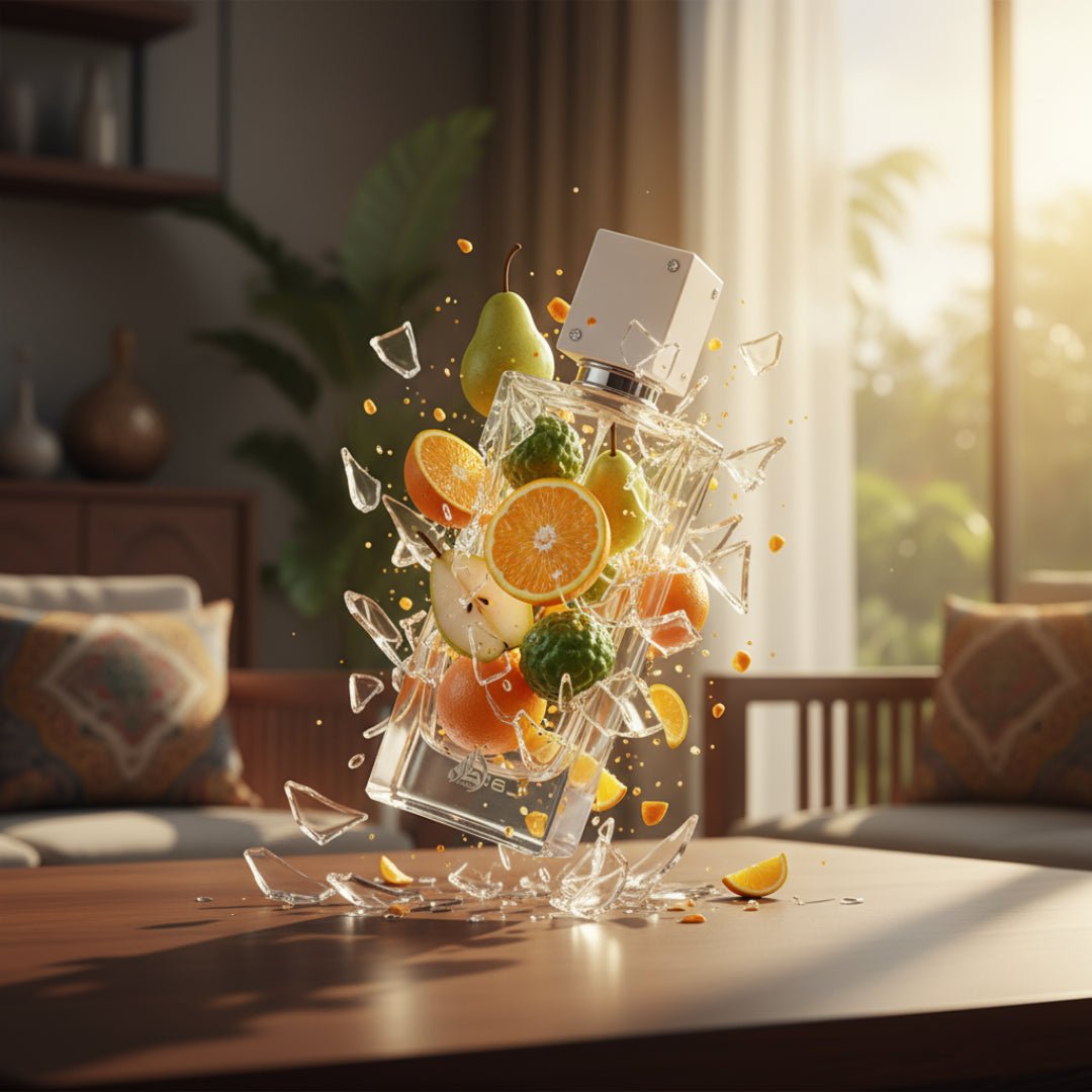 Lattafa Ana Abiyedh 60 ml &ndash; Glass perfume bottle with fruit elements on a table in a living room setting