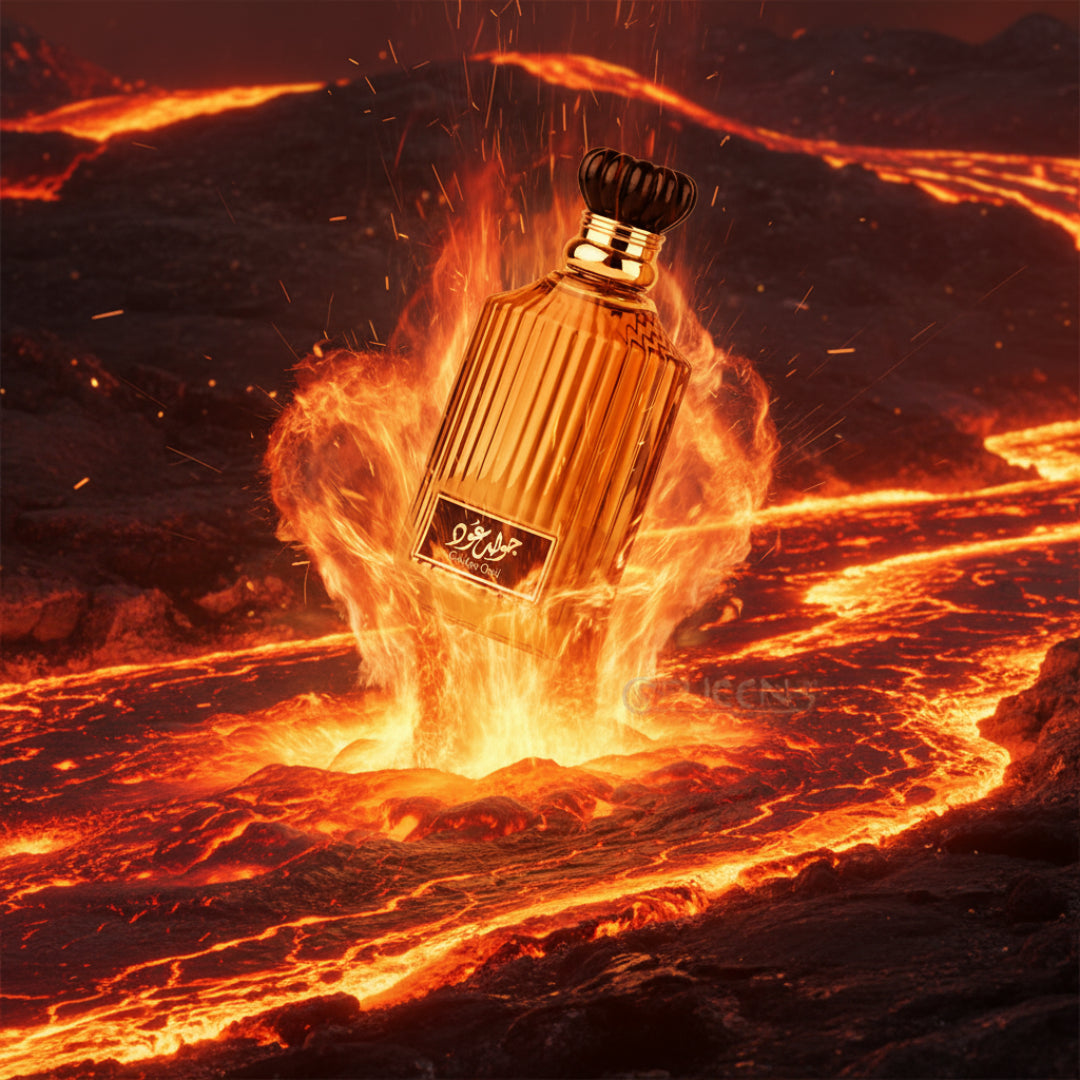 Perfume bottle labeled 'Golden Oud by Asdaaf' on a reflective surface with a light gray background