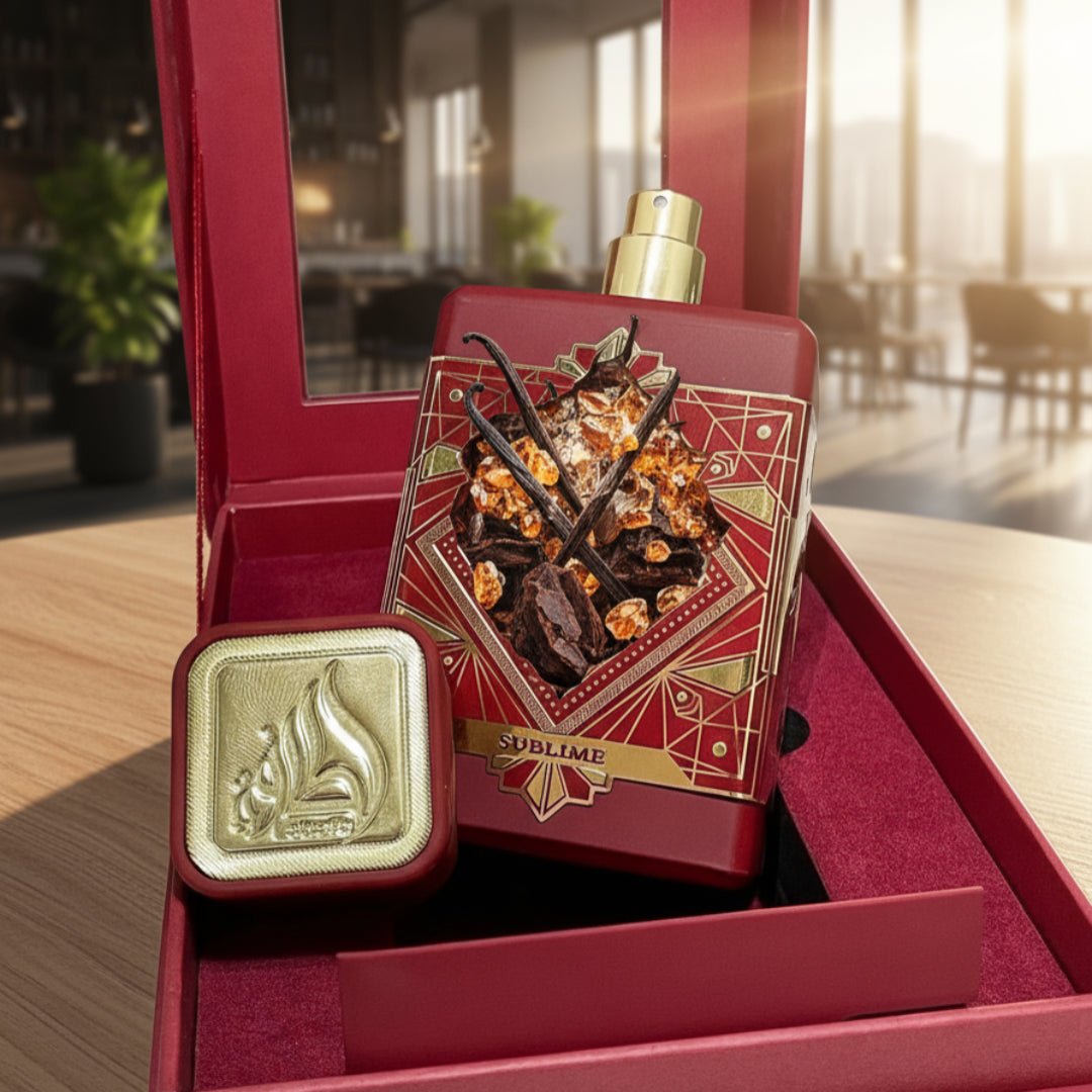 Red and gold perfume bottle with decorative packaging on a light background