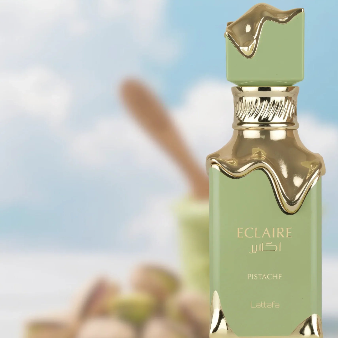 Two Eclaire Pistache &amp; Banoffi perfume bottles with a blurred dessert and banana background.