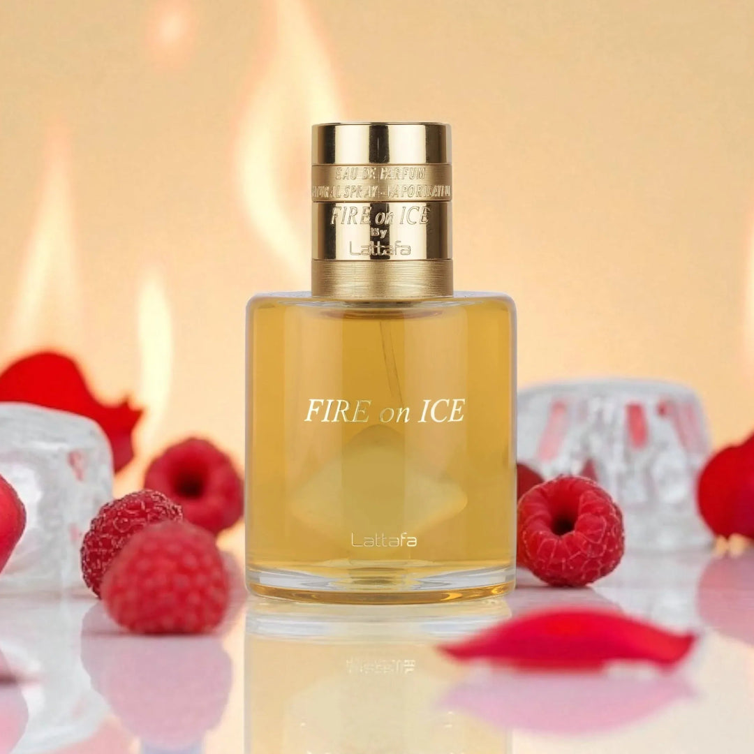 Perfume bottle labeled 'FIRE on ICE' with raspberries and candles in the background