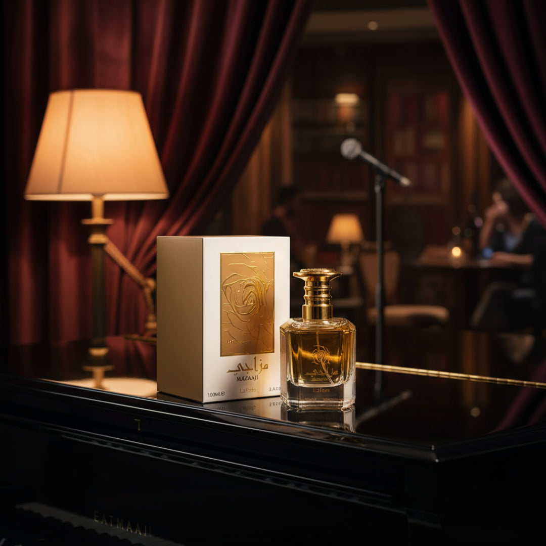 Perfume bottle and packaging on a piano with a blurred background