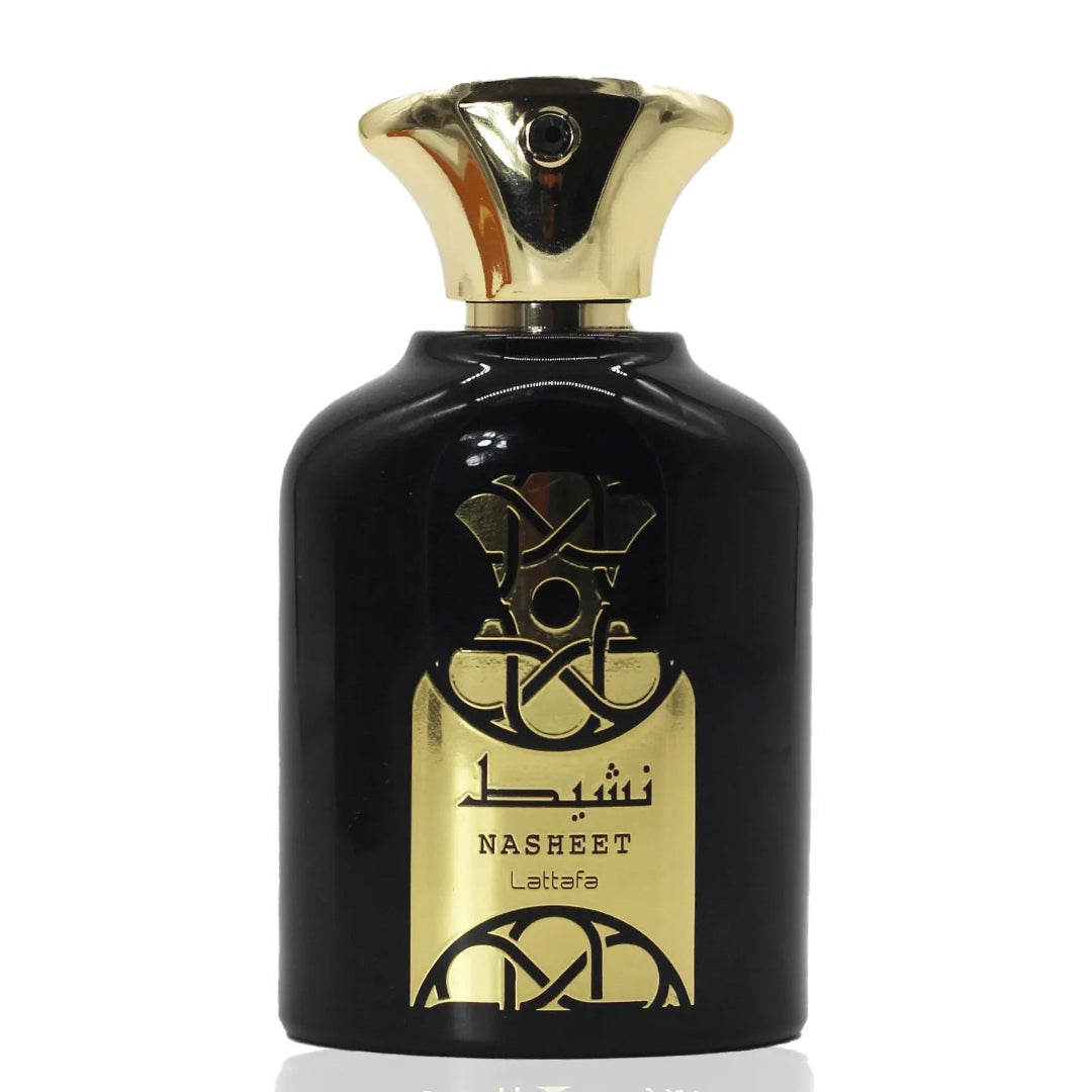 Black perfume bottle with gold cap and label on a white background