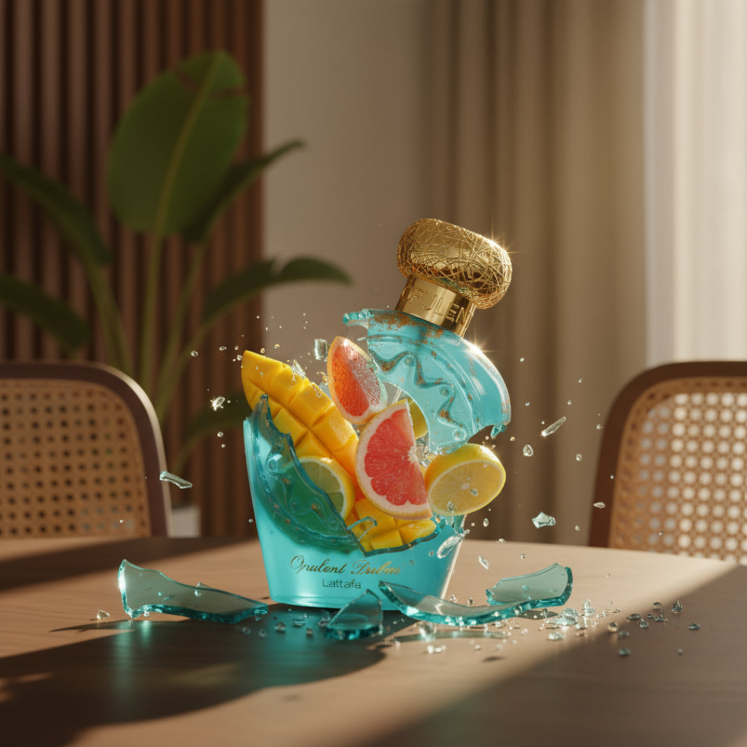 Lattafa Opulent Dubai 100 ml &ndash;Decorative bottle with fruit design on a table with chairs and a plant in the background