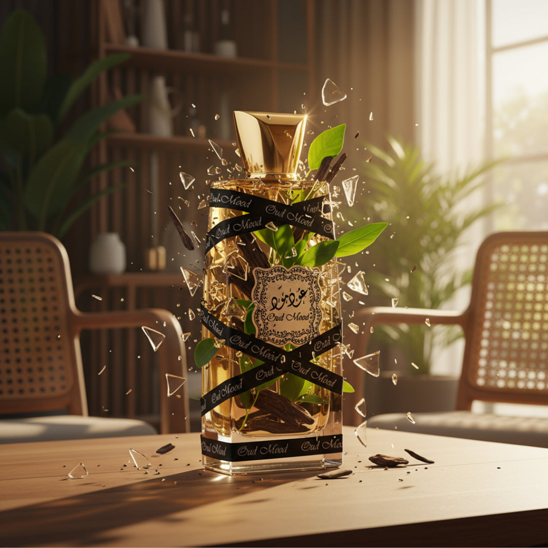 Lattafa Oud Mood 100 ml &ndash; Decorative bottle with gold accents and green leaves on a table in a softly lit room.