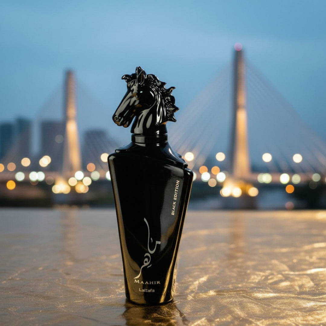 Maahir Black Edition with Putrajaya bridge at twilight, soft blue and gold glow, premium elegant vibe