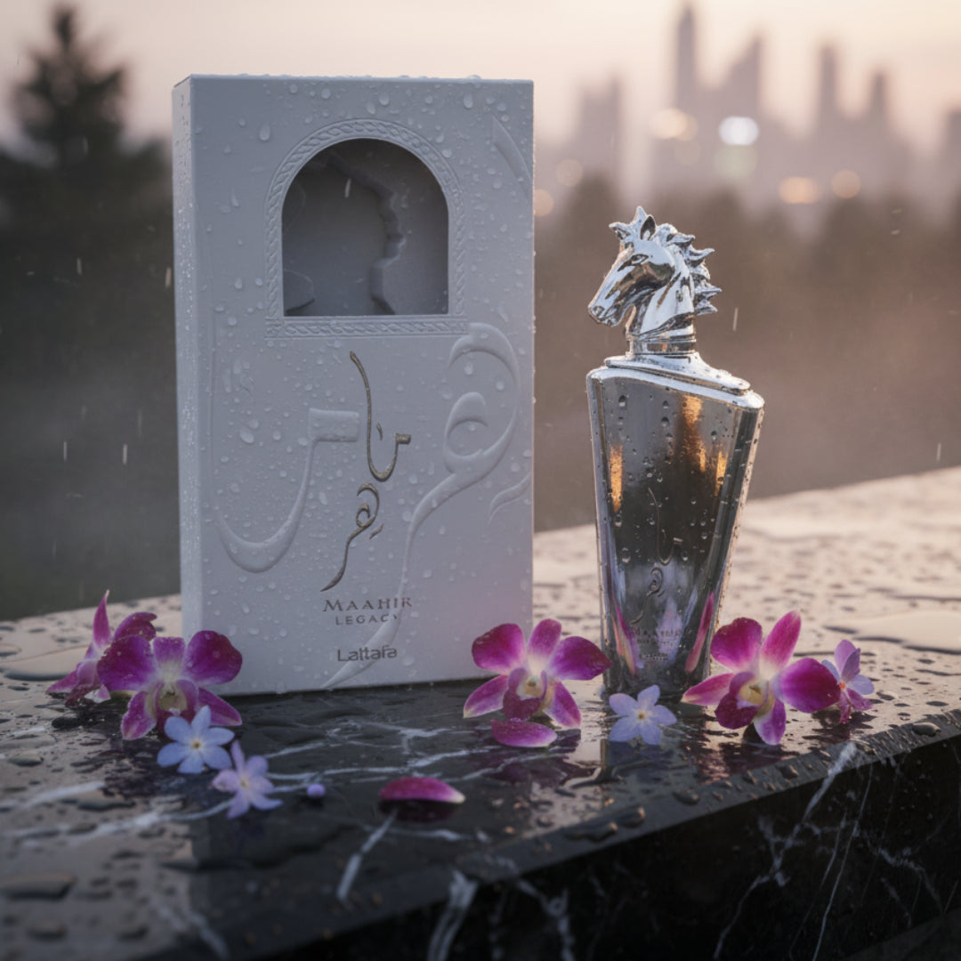 Maahir Legacy Perfume bottle on rain-wet marble with orchid petals and soft city reflection &ndash; feminine sweet fragrance Malaysia”